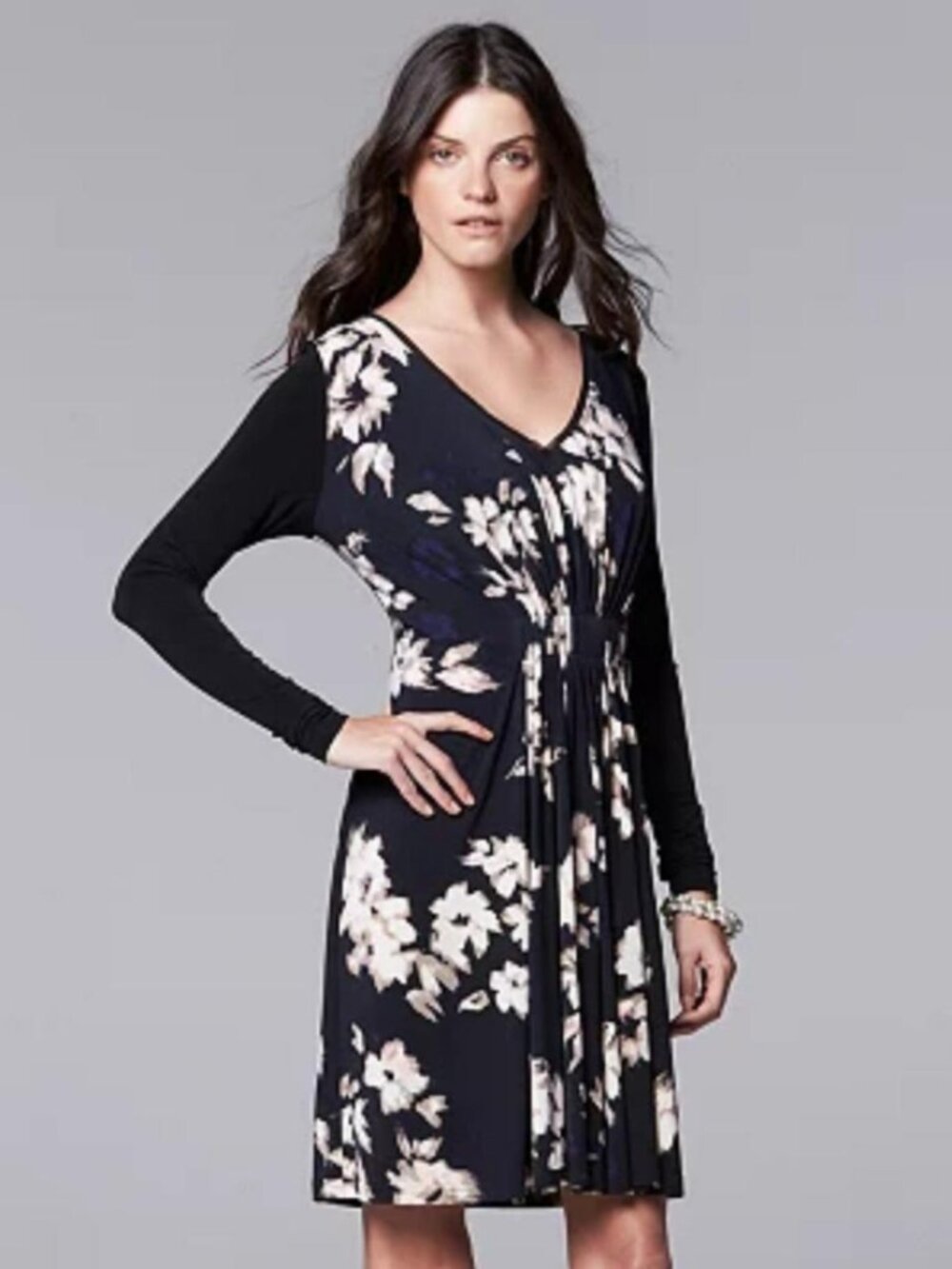 Simply Vera Vera Wang Women's Black & Ivory Floral Long Sleeve Midi Dress XL